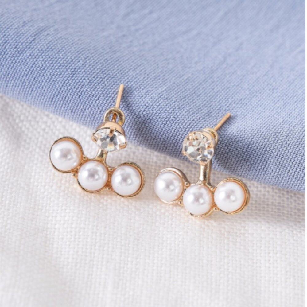 Front Back Gold Tripple Pearl Faux Diamond Stud Earrings - Picture 2 of 8